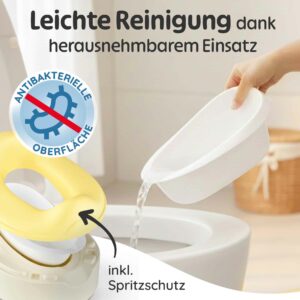 Baby Töpfchen in Gelb mit herausnehmbarem Einsatz und Spritzschutz, gezeigt bei der hygienischen Reinigung über der Toilette; leicht zu säuberndes Kleinkinder Töpfchen mit Einsatz.