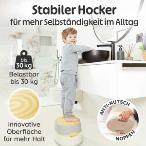 Baby Töpfchen in Gelb als stabiler Tritthocker im Badezimmer, belastbar bis 30 kg und mit Anti-Rutsch-Noppen für mehr Selbstständigkeit am Waschbecken; 3-in-1-Lösung mit Toilettenaufsatz für Kinder.