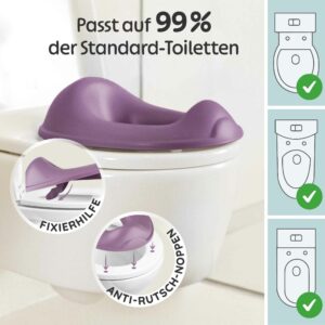 Baby Töpfchen in Lila als WC-Aufsatz auf einer Standard-Toilette, mit 99 % Passform, Fixierhilfe und Anti-Rutsch-Noppen für sicheren Halt an der Kinder Toilette.