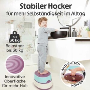Baby Töpfchen in Lila als stabiler Hocker im Badezimmer, belastbar bis 30 kg und mit Anti-Rutsch-Noppen für mehr Selbstständigkeit am Waschbecken; ideal als Kinder Tritthocker im Alltag.