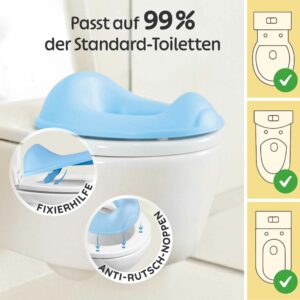 Baby Töpfchen als blauer WC-Aufsatz auf einer Standard-Toilette mit Fixierhilfe und Anti-Rutsch-Noppen, passend für viele Toilettenformen; geeignet als Kindersitz für WC, Toilettentrainer und sicherer Toilettenaufsatz für Kinder.