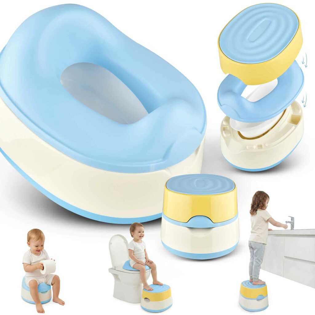 Baby Töpfchen in Blau und Gelb als 3-in-1-Lösung mit Töpfchen, WC-Aufsatz und Tritthocker, gezeigt in mehreren Anwendungssituationen; ideal als Toilettentrainer, Kindersitz für WC und Topf für Babys.