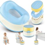 Baby Töpfchen in Blau und Gelb als 3-in-1-Lösung mit Töpfchen, WC-Aufsatz und Tritthocker, gezeigt in mehreren Anwendungssituationen; ideal als Toilettentrainer, Kindersitz für WC und Topf für Babys.