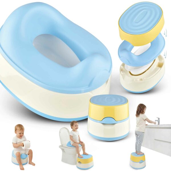 Baby Töpfchen in Blau und Gelb als 3-in-1-Lösung mit Töpfchen, WC-Aufsatz und Tritthocker, gezeigt in mehreren Anwendungssituationen; ideal als Toilettentrainer, Kindersitz für WC und Topf für Babys.