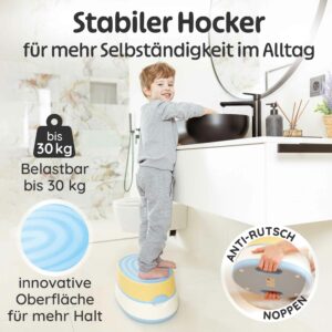 Baby Töpfchen in Blau und Gelb als stabiler Tritthocker im Badezimmer, belastbar bis 30 kg und mit Anti-Rutsch-Noppen für mehr Selbstständigkeit am Waschbecken; vielseitiger Toilettentrainer mit zusätzlicher Hockerfunktion.