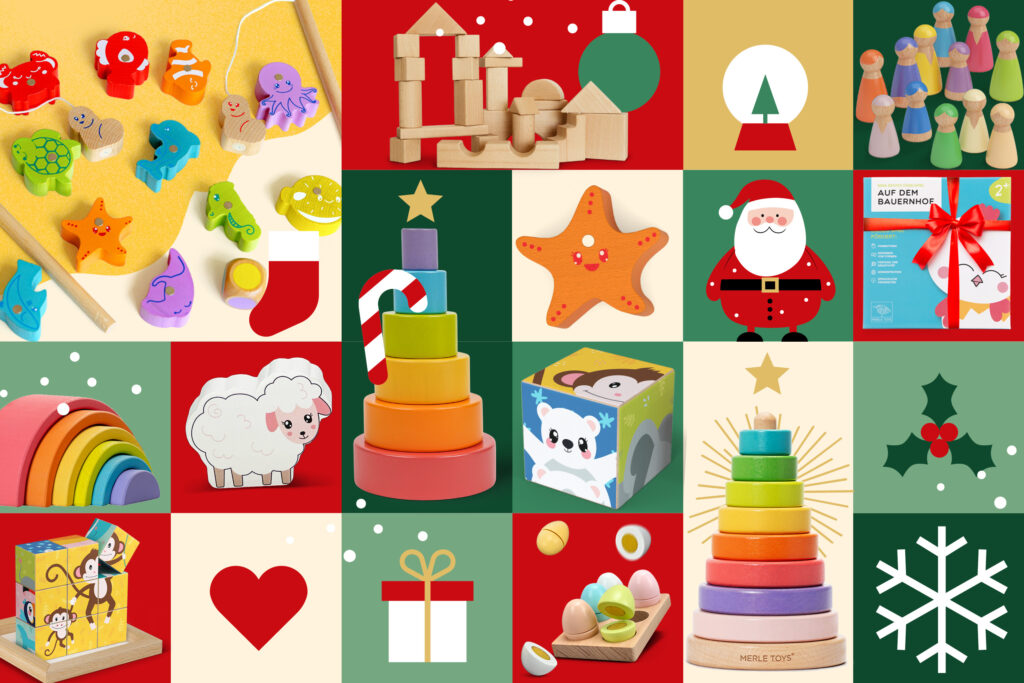Weihnachtsgeschenke für Kinder 2025 – buntes Holzspielzeug: Fädelspiel, Regenbogen, Würfelpuzzle und Stapelturm