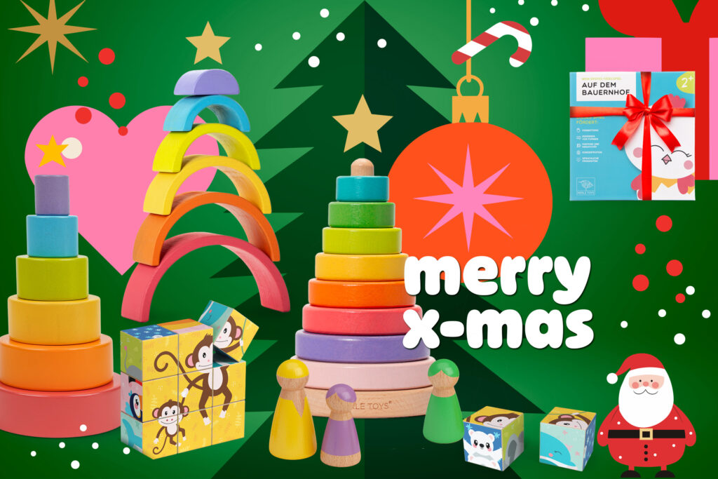 Weihnachtsgeschenke für Kinder – kreative Geschenkideen aus Holz: Würfelpuzzle, Stapelturm, Regenbogen und Holzfiguren.“