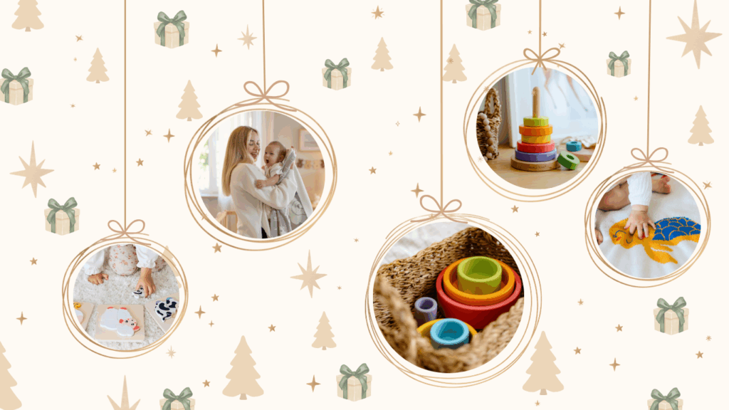 Geschenke für 1-Jährige – liebevoll Geschenke für Kleinkinder wie, Stapelbecher, Steckpuzzle und Babydecke in festlichen Weihnachtskugeln.