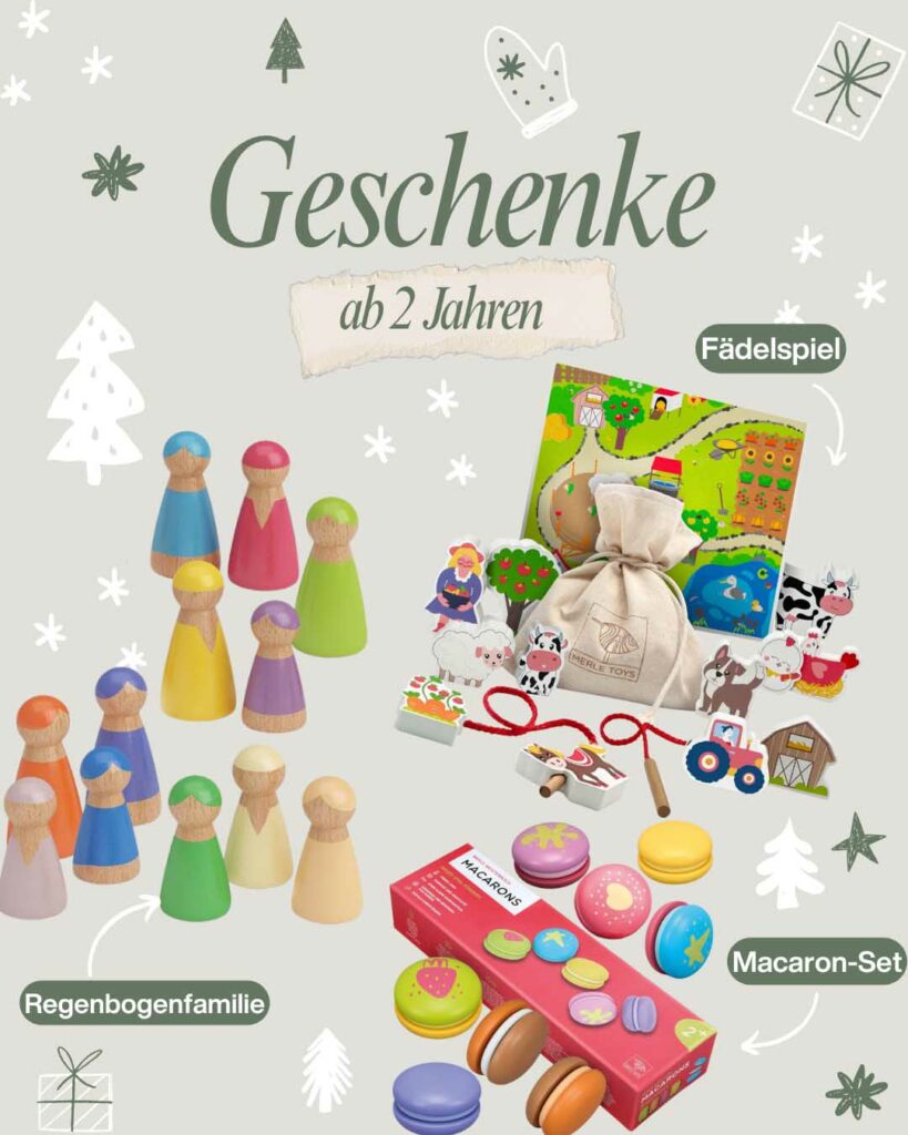 Nikolaus Geschenke ab 2 Jahren: kreative Geschenkideen zu Nikolaus wie Regenbogenfamilie Holzfiguren, Fädelspiel Bauernhof und buntes Macaron-Set – ideale kleine Nikolausgeschenke als nachhaltige Kleinigkeit zu Nikolaus.