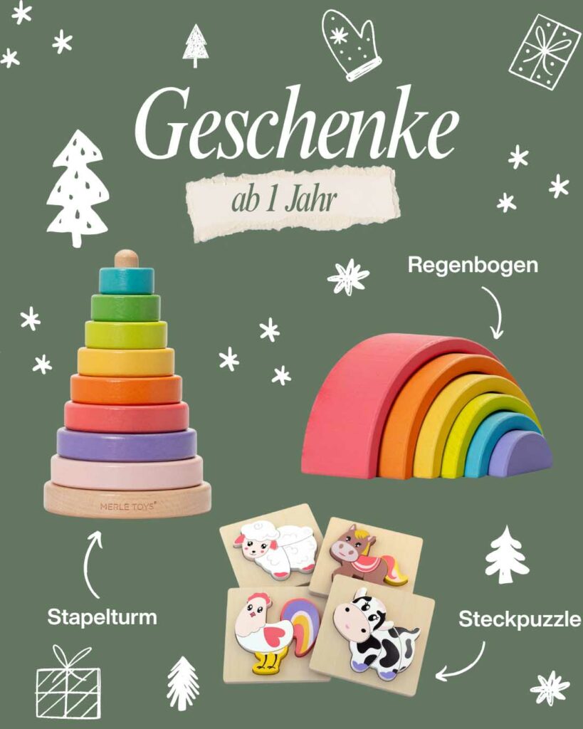 Nikolaus Geschenke ab 1 Jahr: Geschenkideen zu Nikolaus wie bunter Stapelturm aus Holz, Regenbogen-Bogen und kleine Nikolausgeschenke als Steckpuzzle mit Bauernhoftieren – perfekte Kleinigkeit zu Nikolaus für Kleinkinder.