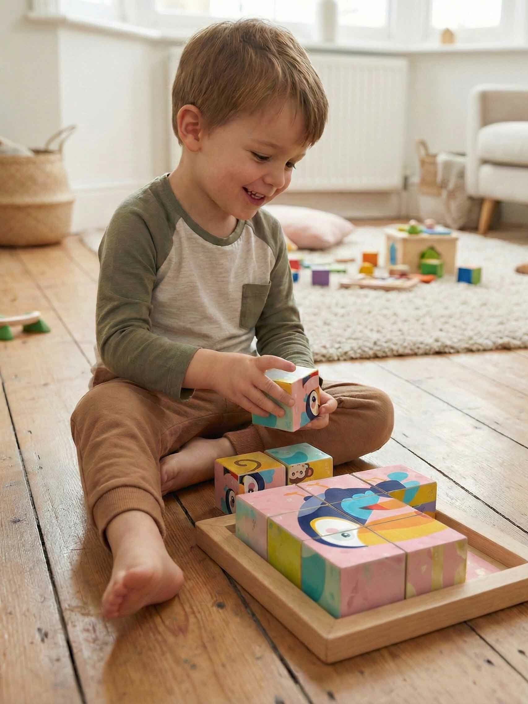 Lachender Junge spielt mit einem bunten Holz-Würfelpuzzle – eine kreative Idee für Geschenke für 2-Jährige. Das nachhaltige Lernspielzeug fördert Motorik und Konzentration und eignet sich als sinnvolles Geschenk für 2-Jährige für Jungs & Mädchen sowie als Weihnachtsgeschenk Kind 2 Jahre.