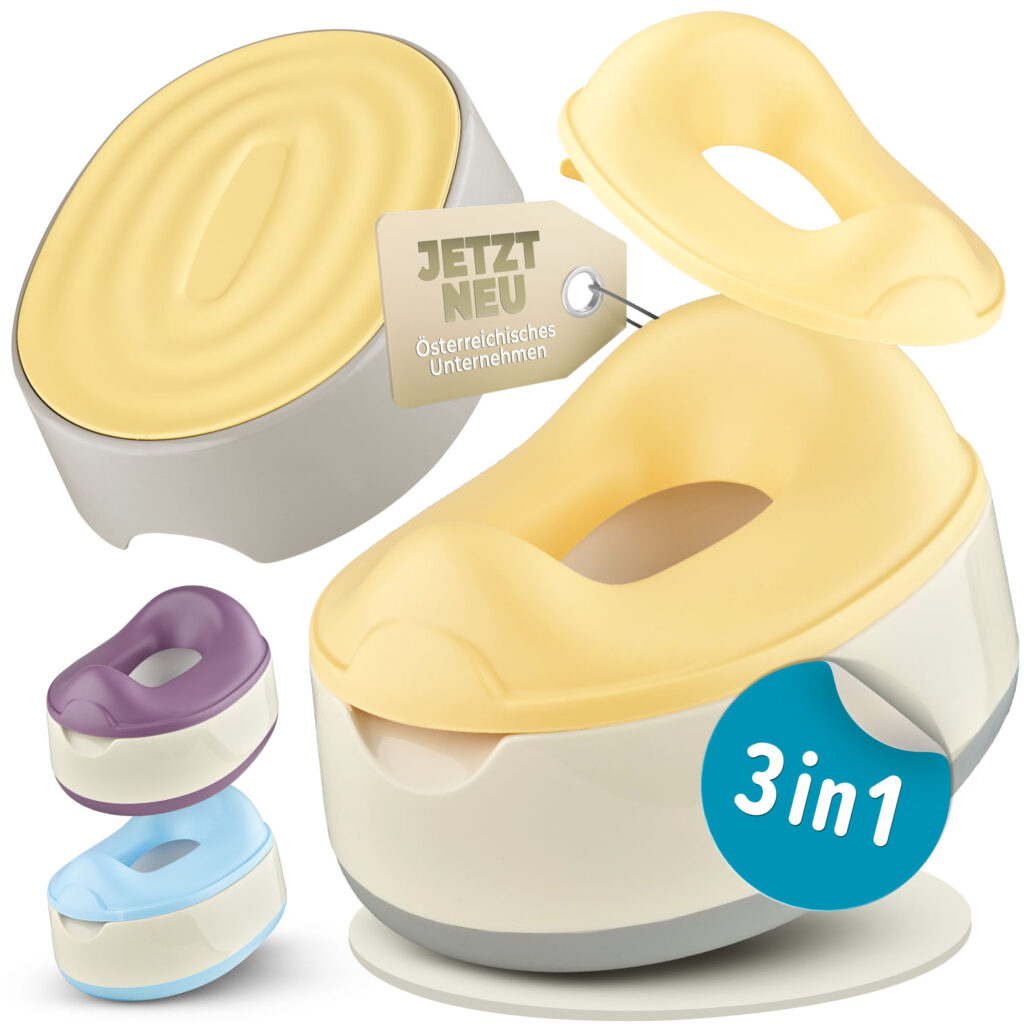 3-in-1 Kindertöpfchen mit Toilettenaufsatz und Tritthocker für erfolgreiches Töpfchen-Training – praktisches Hilfsmittel für Eltern, die Tipps zum trocken werden suchen und ihr Kind windelfrei werden begleiten.