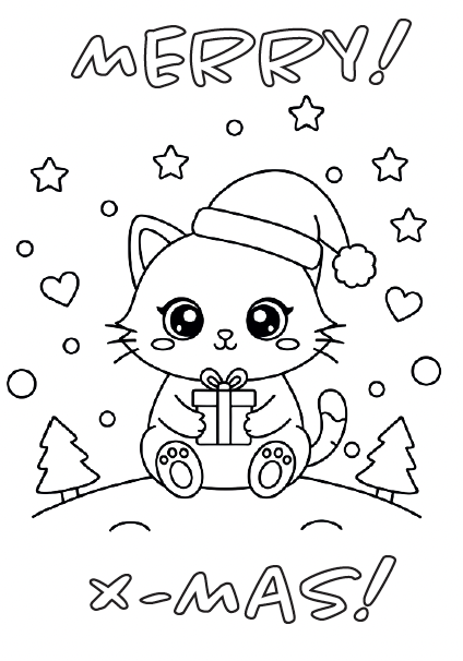 Süßes Ausmalbild Weihnachten pdf mit kleiner Weihnachtskatze und Geschenk. Perfekt als Ausmalbild Winter Weihnachten für Kinder, ideal für Ausmalbilder zu Weihnachten kostenlos drucken, Ausmalbilder Weihnachten Katzen - ein beliebtes Ausmalbild Weihnacht.
