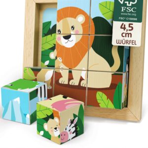 Merle Toys_Holzwürfel Puzzle mit Löwenmotiv im Holzrahmen, zwei Bilderwürfel liegen davor; FSC-Label und 4,5-cm Würfelgröße. Ideales Montessori Puzzles für Kinder.