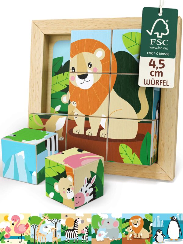 Merle Toys_Holzwürfel Puzzle mit Löwenmotiv im Holzrahmen, zwei Bilderwürfel liegen davor; FSC-Label und 4,5-cm Würfelgröße. Ideales Montessori Puzzles für Kinder.