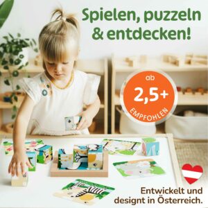 Merle Toys_Holzpuzzle ab 2 Jahre: Mädchen puzzelt mit Holzwürfel Puzzle und Bildkarten am Tisch; Bilderwürfel ab 2 Jahre geeignet.