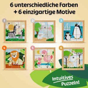 Merle Toys_Holzwürfel Puzzle mit sechs Motiven und Farben: Zebra, Holzpuzzle Elefant, Pinguin, Löwe, Flamingo und Giraffe. Ein Würfelpuzzle aus Holz mit niedlichen Tiermotiven für intuitives Puzzeln!