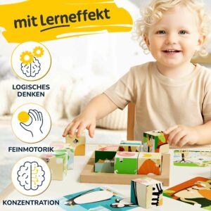 Merle Toys_Kind spielt mit Holzwürfel Puzzle am Tisch; Bilderwürfel im Holzrahmen fördern Feinmotorik, Konzentration und logisches Denken. Perfekt als Holzpuzzle ab 2 Jahre mit Lerneffekt.