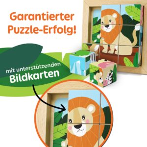 Merle Toys_Montessori puzzles: Holzwürfel Puzzle Kinder ab 2 mit unterstützenden Bildkarten; Bilderwürfel im Holzrahmen zeigen Löwenmotiv.