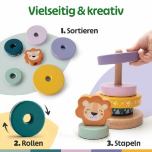 Kind spielt mit Stapelturm Holz und steckt bunte Holzringe auf den Stab, Montessori-inspiriertes Steckspiel Holz Montessori zur Förderung von Feinmotorik, Konzentration und логischem Denken