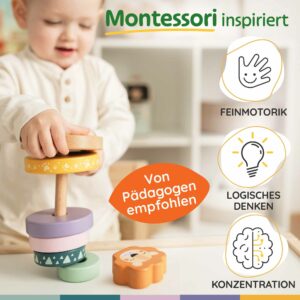 Merle Toys Stapelturm Holz im Einsatz als Steckspiel Holz Montessori, fördert Feinmotorik, logisches Denken und Konzentration bei Kleinkindern ab 1 Jahr