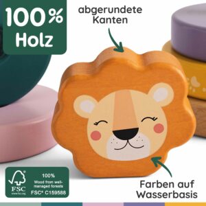 Stapelturm Holz mit abgerundeten Kanten, Farben auf Wasserbasis und Löwenmotiv, nachhaltiges Stapelspiel Holz aus 100 Prozent Holz mit