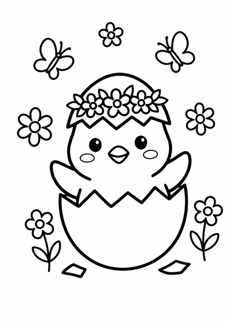 Merle Toys Ausmalbilder Ostern Küken: Küken schlüpft aus dem Ei mit Blumen und Schmetterlingen – Ausmalbilder Küken Ostern als Ostern Ausmalbild kostenlos, Ausmalbilder Ostern PDF für Kinder zum Ausdrucken.