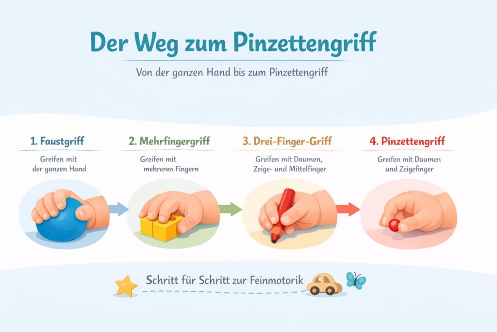 Illustration zur Greifentwicklung: Ab wann Pinzettengriff, wann greifen Babys gezielt und wie entwickelt sich der Zangengriff Schritt für Schritt zur feinmotorischen Kontrolle.