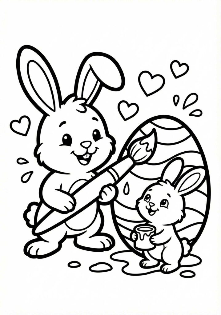 Merle Toys Hase Ausmalbild: Ein fröhlicher Osterhase bemalt ein großes Osterei – Malvorlage Osterhase zum Ausmalen als Osterhasen Vorlage und Ausmalbilder Hasen, ideal zum Ausdrucken (PDF).