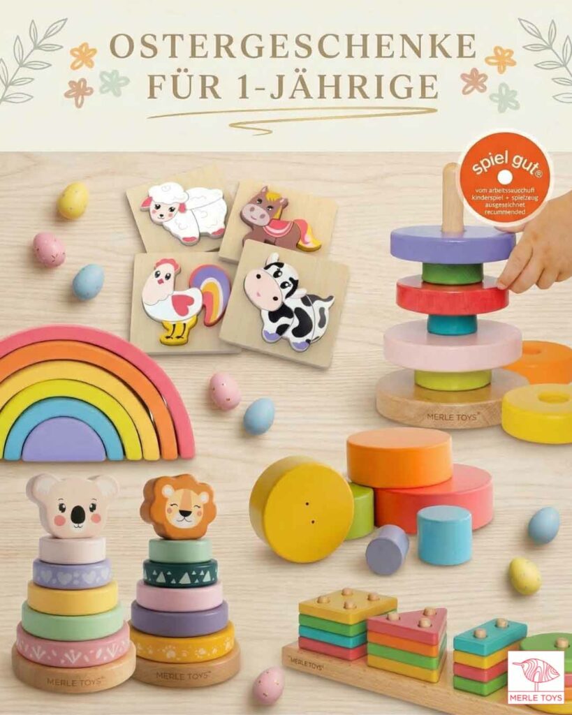 Kleine Ostergeschenke Kinder mit Holzregenbogen, Tier-Steckpuzzles, Stapelturm, Stapelfiguren und Steckspiel auf hellem Untergrund – Ostergeschenk 1 Jahr, Ostergeschenk Kleinkinder, Ostergeschenke Kleinigkeiten