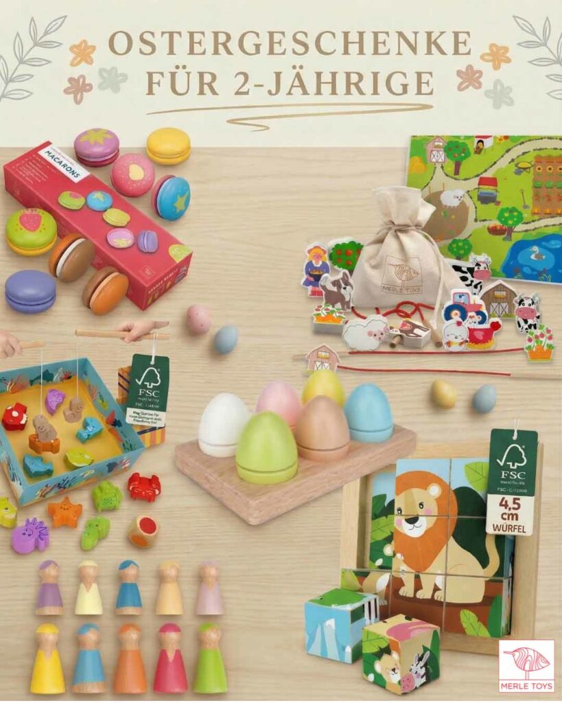 Kleine Ostergeschenke Kinder mit Angelspiel, Holzeiern, Würfelpuzzle, Holzfiguren, Fädelspiel und bunten Macarons auf einem Ostertisch – Ostergeschenk für 2 Jährigen, Ostergeschenk Kleinkinder, Ostergeschenke Kleinigkeiten