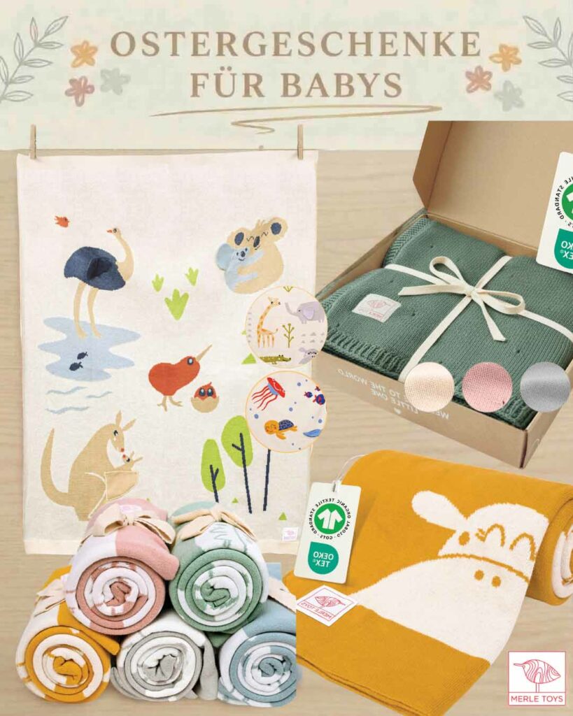 Kleine Ostergeschenke Kinder mit weichen Babydecken, gestrickter Decke in Geschenkbox, gerollten Kuscheldecken und gelber Hasendecke von Merle Toys – Ostergeschenk Baby, Ostergeschenk Kleinkinder, Ostergeschenk 1 Jahr, Ostergeschenke Kleinigkeiten