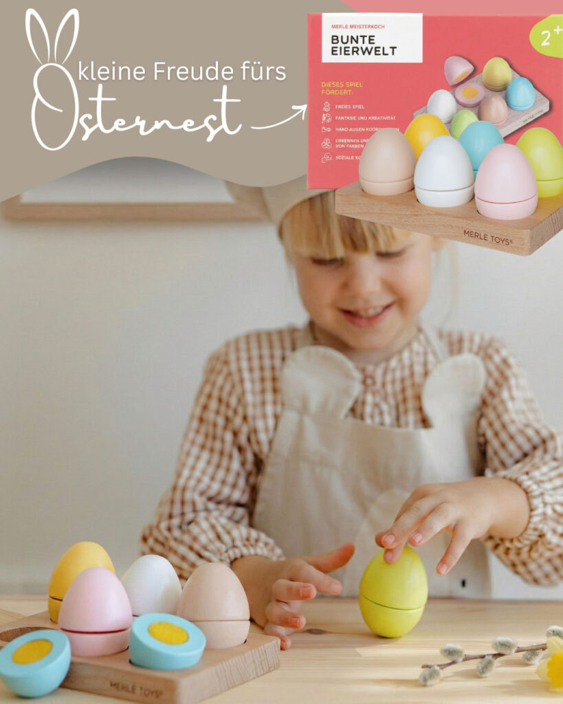 Kind spielt mit Merle Toys Spielzeug Eier aus Holz – Ostergeschenk-Idee: Ostern Geschenke Kinder ab 2 Jahren fürs Osternest.