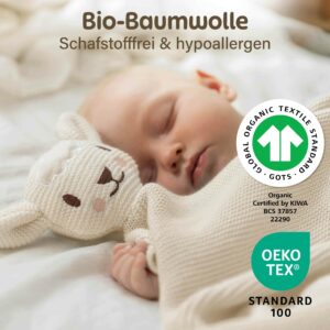 Schlafendes Baby mit Merle Toys Baby Kuscheldecke Beige und weichem Schafsköpfchen. Die Knuddeldecke aus Bio Baumwolle ist eine kuschelige Kuscheldecke Babys, Bio Baumwoll Babydecke Winter und Decke für Kinderwagen.